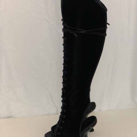 36.5/6.5❤️TOM FORD BLACK Velvet GLADIATOR HIGH HEEL Wedge OVER THE KNEE BOOTS